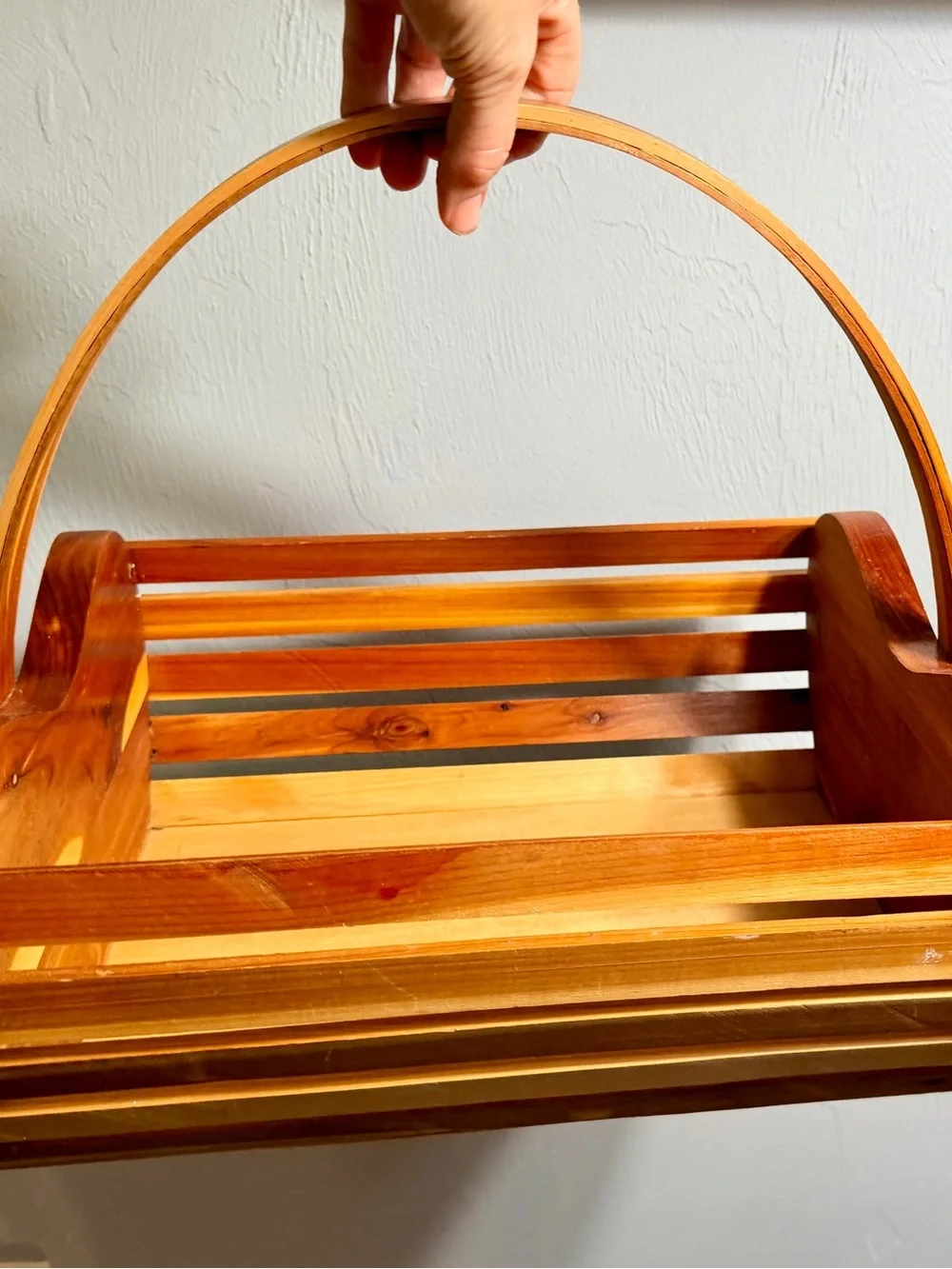 Vintage Heart Shape Cedar Wooden Slatted Market Basket - Warm Honey Tone
